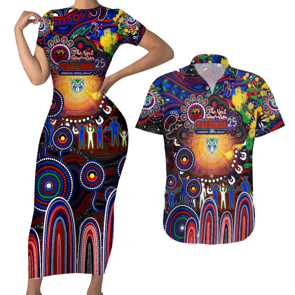 Personalised NAIDOC Week 2025 Warriors Rugby Couples Matching Short Sleeve Bodycon Dress and Hawaiian Shirt Aboriginal Dot Painting