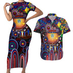 Personalised NAIDOC Week 2025 Warriors Rugby Couples Matching Short Sleeve Bodycon Dress and Hawaiian Shirt Aboriginal Dot Painting