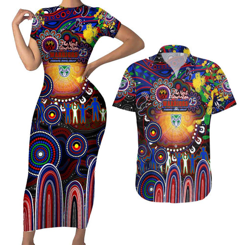 Personalised NAIDOC Week 2025 Warriors Rugby Couples Matching Short Sleeve Bodycon Dress and Hawaiian Shirt Aboriginal Dot Painting