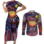 Personalised NAIDOC Week 2025 Warriors Rugby Couples Matching Short Sleeve Bodycon Dress and Long Sleeve Button Shirt Aboriginal Dot Painting