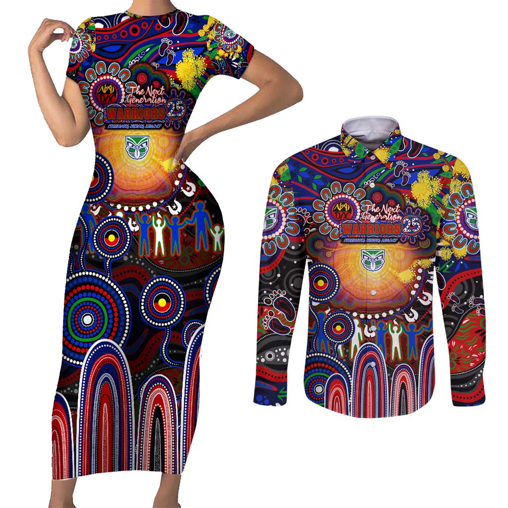 Personalised NAIDOC Week 2025 Warriors Rugby Couples Matching Short Sleeve Bodycon Dress and Long Sleeve Button Shirt Aboriginal Dot Painting