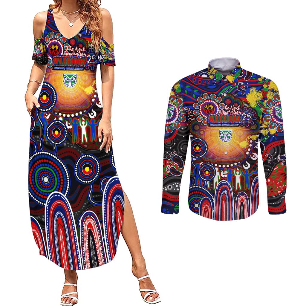 Personalised NAIDOC Week 2025 Warriors Rugby Couples Matching Summer Maxi Dress and Long Sleeve Button Shirt Aboriginal Dot Painting