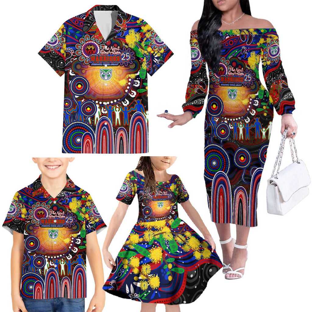 Personalised NAIDOC Week 2025 Warriors Rugby Family Matching Off The Shoulder Long Sleeve Dress and Hawaiian Shirt Aboriginal Dot Painting