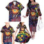 Personalised NAIDOC Week 2025 Warriors Rugby Family Matching Off The Shoulder Long Sleeve Dress and Hawaiian Shirt Aboriginal Dot Painting