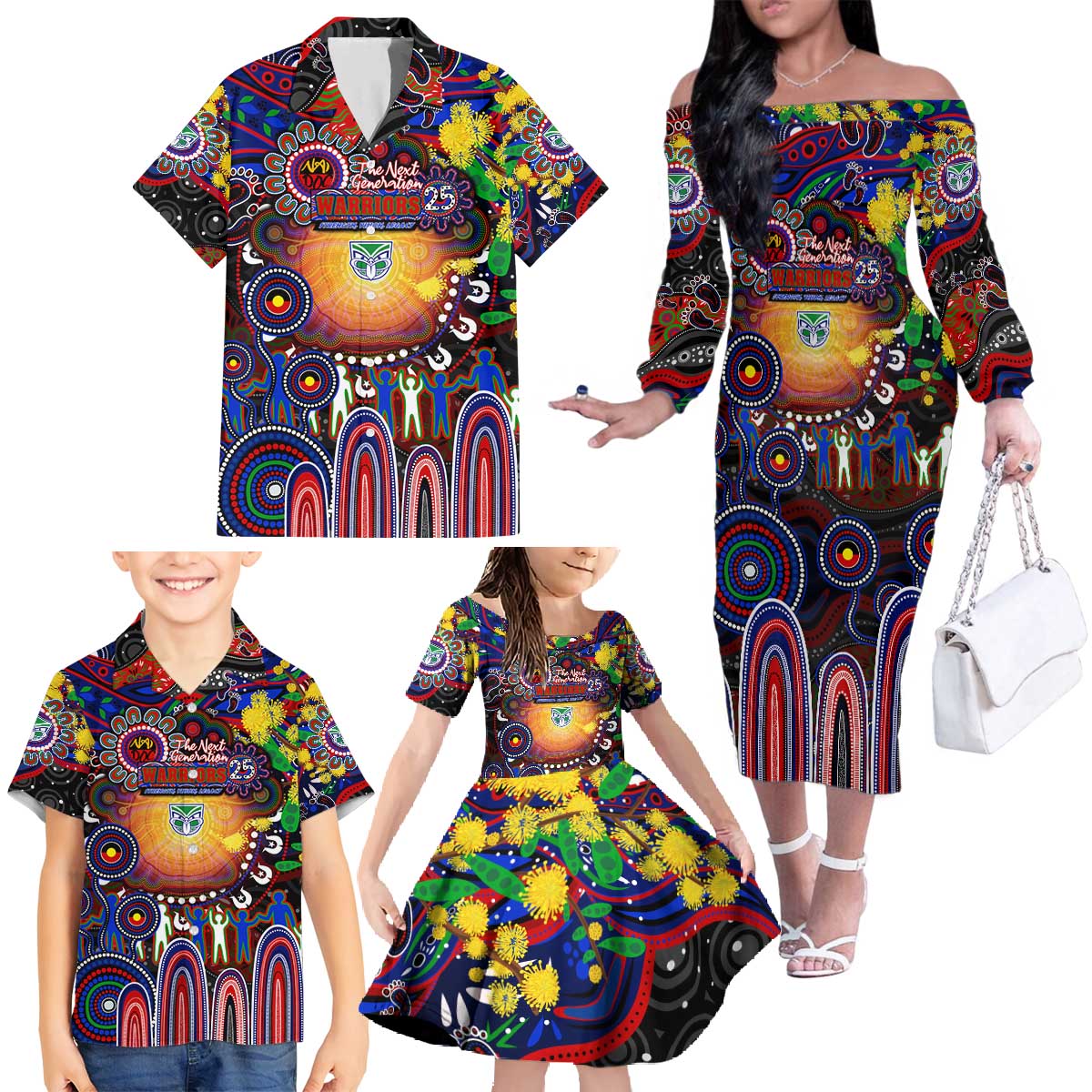 Personalised NAIDOC Week 2025 Warriors Rugby Family Matching Off The Shoulder Long Sleeve Dress and Hawaiian Shirt Aboriginal Dot Painting