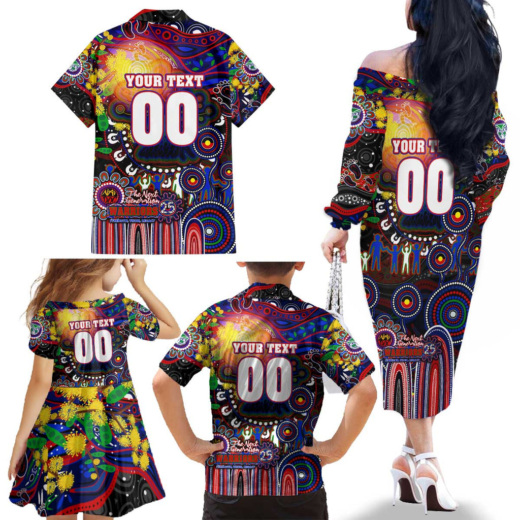 Personalised NAIDOC Week 2025 Warriors Rugby Family Matching Off The Shoulder Long Sleeve Dress and Hawaiian Shirt Aboriginal Dot Painting
