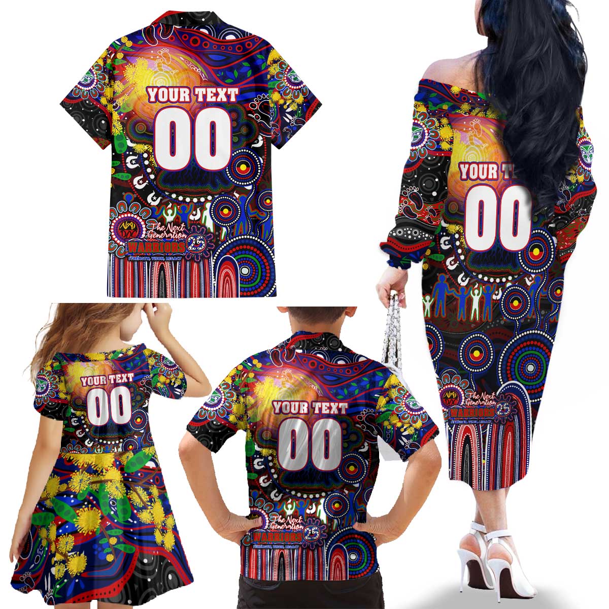 Personalised NAIDOC Week 2025 Warriors Rugby Family Matching Off The Shoulder Long Sleeve Dress and Hawaiian Shirt Aboriginal Dot Painting