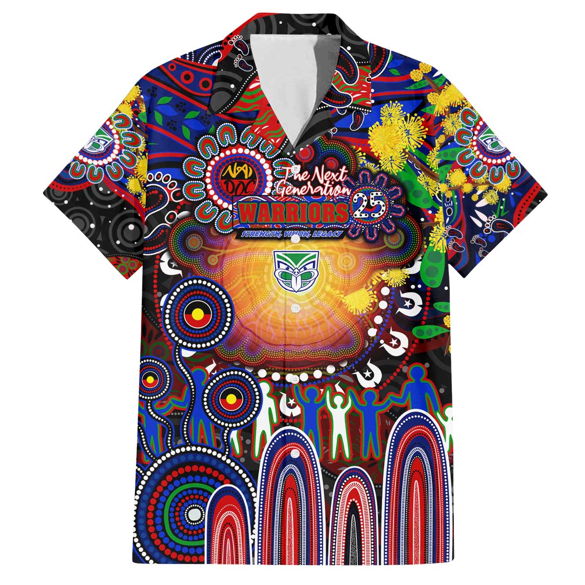 Personalised NAIDOC Week 2025 Warriors Rugby Family Matching Off The Shoulder Long Sleeve Dress and Hawaiian Shirt Aboriginal Dot Painting