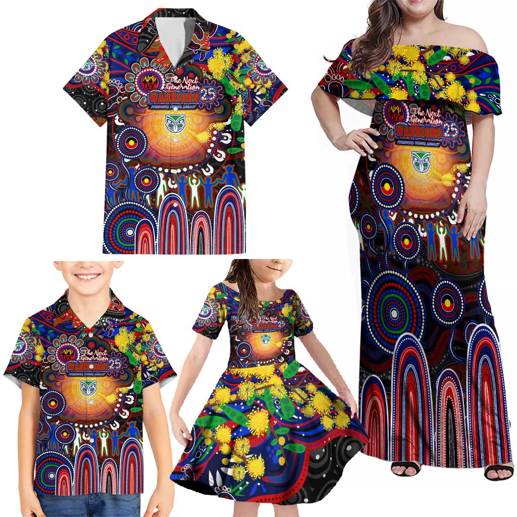 Personalised NAIDOC Week 2025 Warriors Rugby Family Matching Off Shoulder Maxi Dress and Hawaiian Shirt Aboriginal Dot Painting
