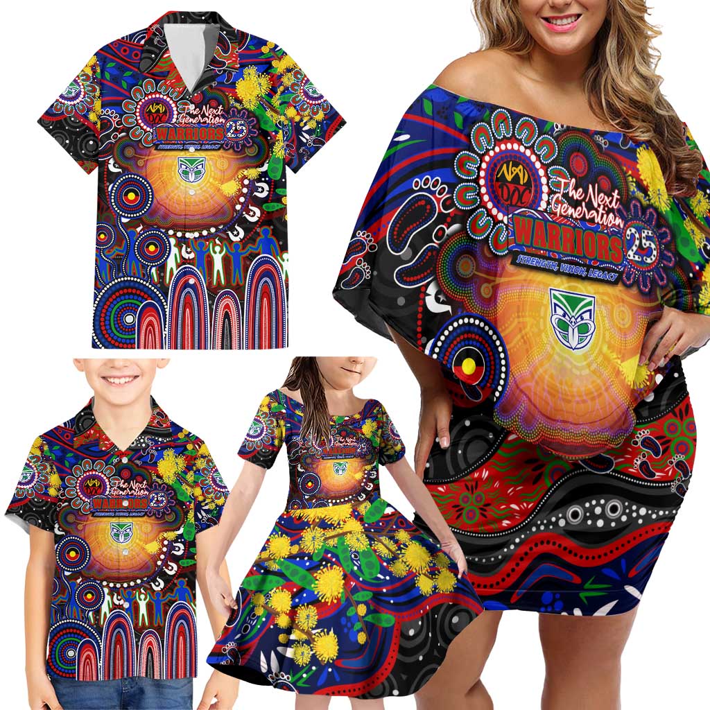 Personalised NAIDOC Week 2025 Warriors Rugby Family Matching Off Shoulder Short Dress and Hawaiian Shirt Aboriginal Dot Painting