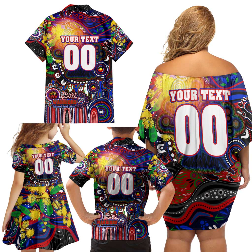 Personalised NAIDOC Week 2025 Warriors Rugby Family Matching Off Shoulder Short Dress and Hawaiian Shirt Aboriginal Dot Painting