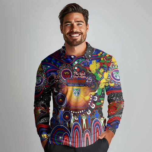 Personalised NAIDOC Week 2025 Warriors Rugby Long Sleeve Polo Shirt Aboriginal Dot Painting