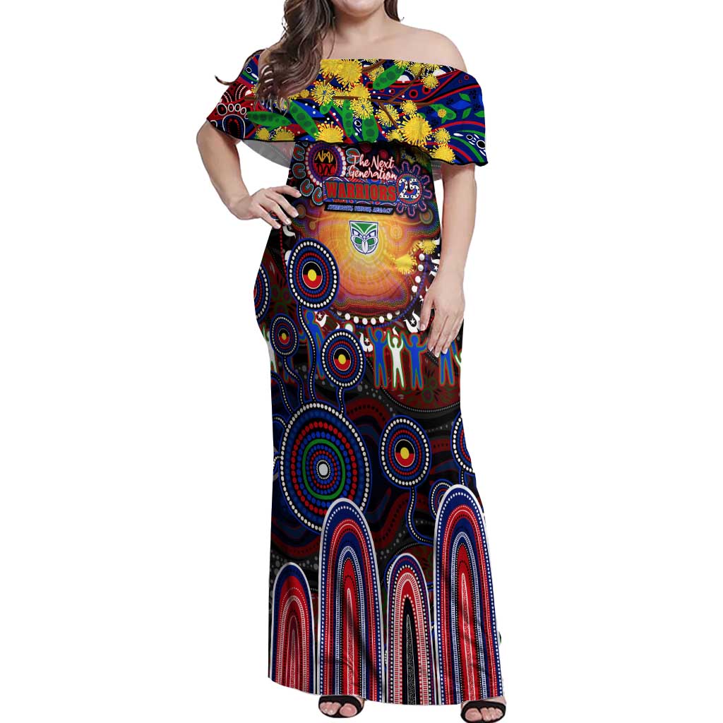 Personalised NAIDOC Week 2025 Warriors Rugby Off Shoulder Maxi Dress Aboriginal Dot Painting