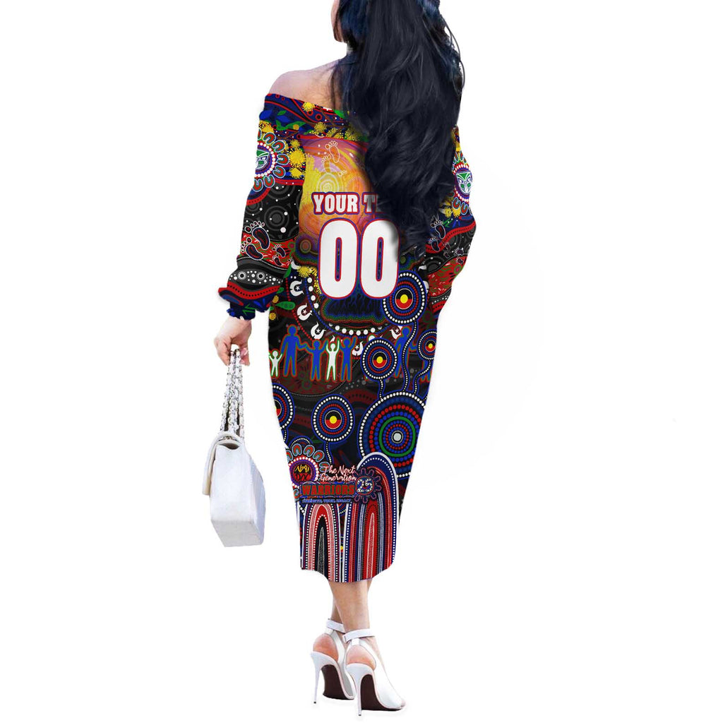 Personalised NAIDOC Week 2025 Warriors Rugby Off The Shoulder Long Sleeve Dress Aboriginal Dot Painting