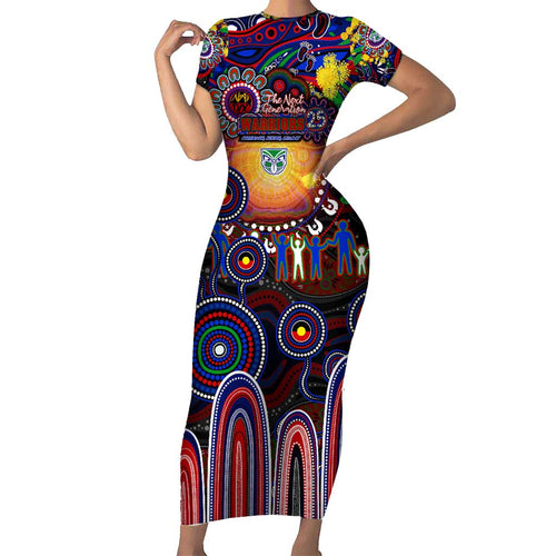 Personalised NAIDOC Week 2025 Warriors Rugby Short Sleeve Bodycon Dress Aboriginal Dot Painting