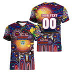 Personalised NAIDOC Week 2025 Warriors Rugby Women V-Neck T-Shirt Aboriginal Dot Painting