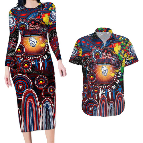 Personalised NAIDOC Week 2025 Bulldogs Football Couples Matching Long Sleeve Bodycon Dress and Hawaiian Shirt Aboriginal Dot Painting