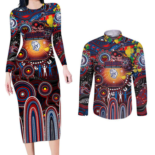 Personalised NAIDOC Week 2025 Bulldogs Football Couples Matching Long Sleeve Bodycon Dress and Long Sleeve Button Shirt Aboriginal Dot Painting