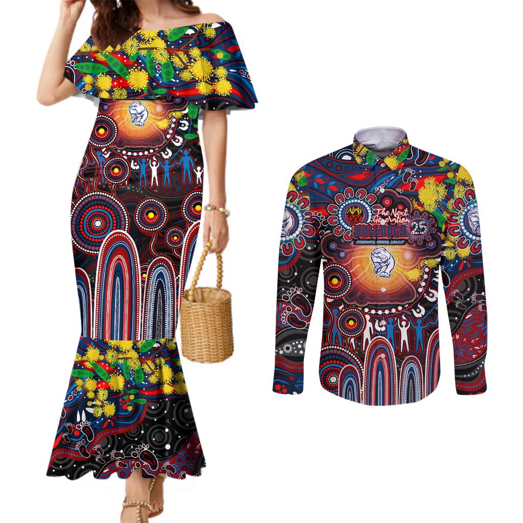 Personalised NAIDOC Week 2025 Bulldogs Football Couples Matching Mermaid Dress and Long Sleeve Button Shirt Aboriginal Dot Painting