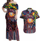 Personalised NAIDOC Week 2025 Bulldogs Football Couples Matching Off Shoulder Maxi Dress and Hawaiian Shirt Aboriginal Dot Painting