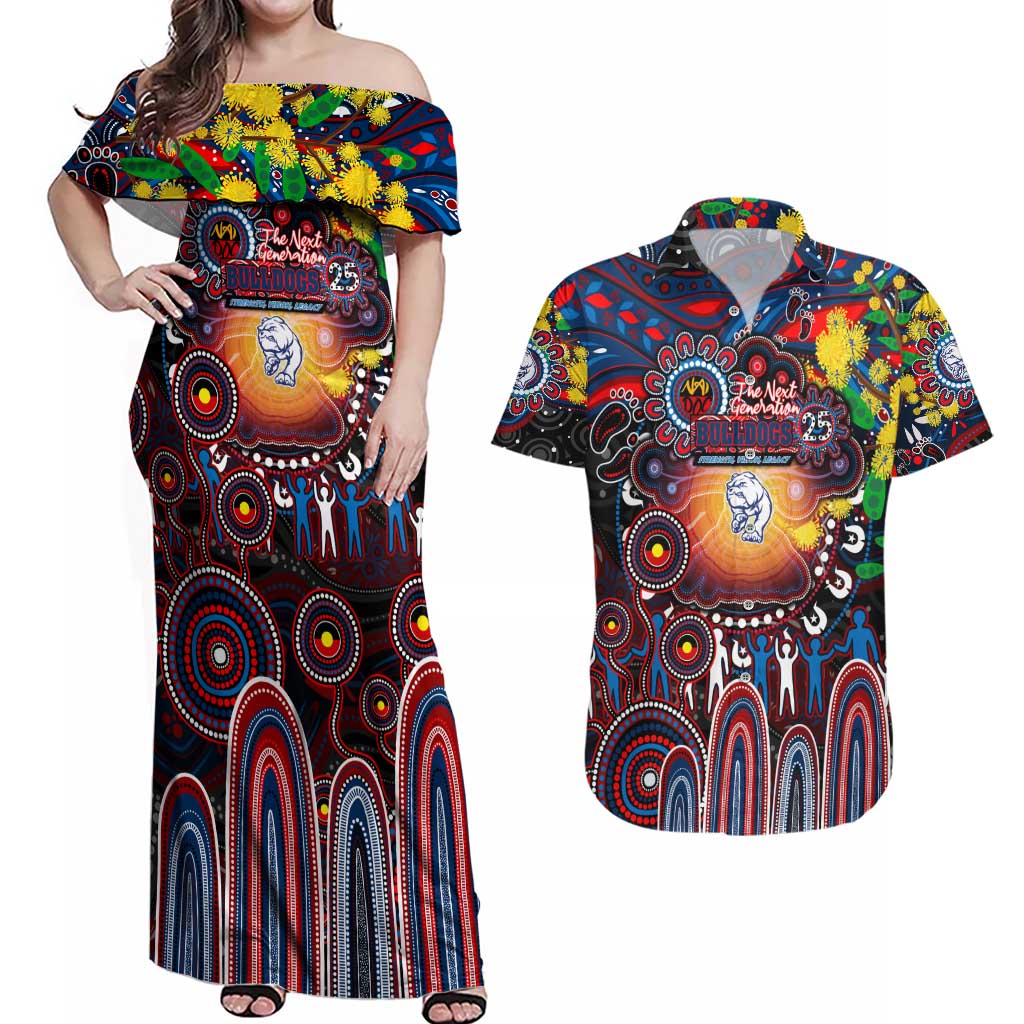Personalised NAIDOC Week 2025 Bulldogs Football Couples Matching Off Shoulder Maxi Dress and Hawaiian Shirt Aboriginal Dot Painting