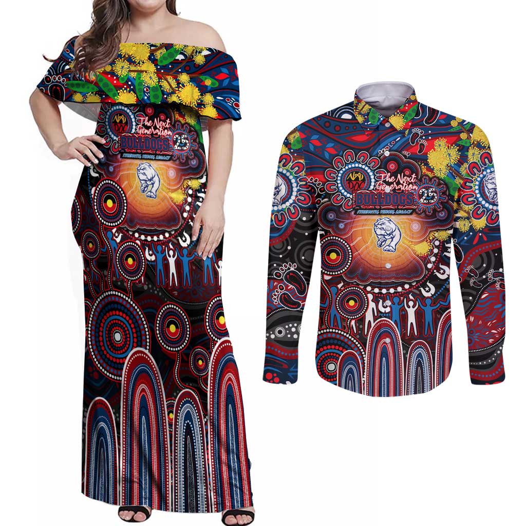 Personalised NAIDOC Week 2025 Bulldogs Football Couples Matching Off Shoulder Maxi Dress and Long Sleeve Button Shirt Aboriginal Dot Painting