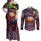Personalised NAIDOC Week 2025 Bulldogs Football Couples Matching Off Shoulder Maxi Dress and Long Sleeve Button Shirt Aboriginal Dot Painting