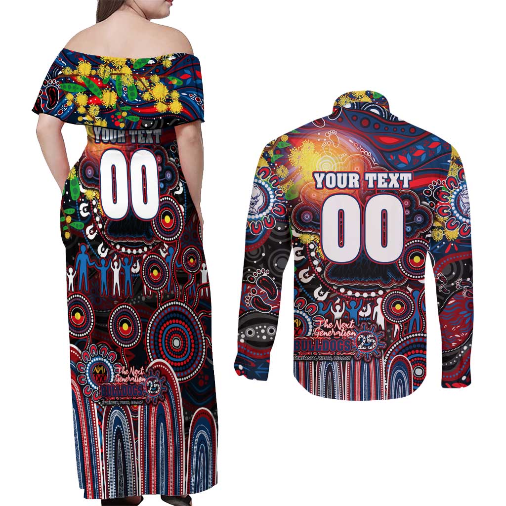 Personalised NAIDOC Week 2025 Bulldogs Football Couples Matching Off Shoulder Maxi Dress and Long Sleeve Button Shirt Aboriginal Dot Painting