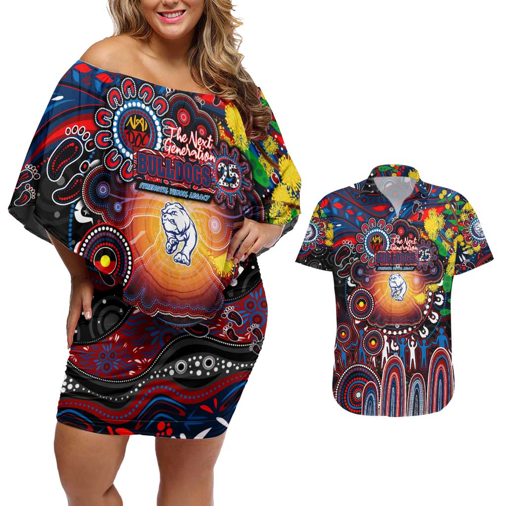 Personalised NAIDOC Week 2025 Bulldogs Football Couples Matching Off Shoulder Short Dress and Hawaiian Shirt Aboriginal Dot Painting
