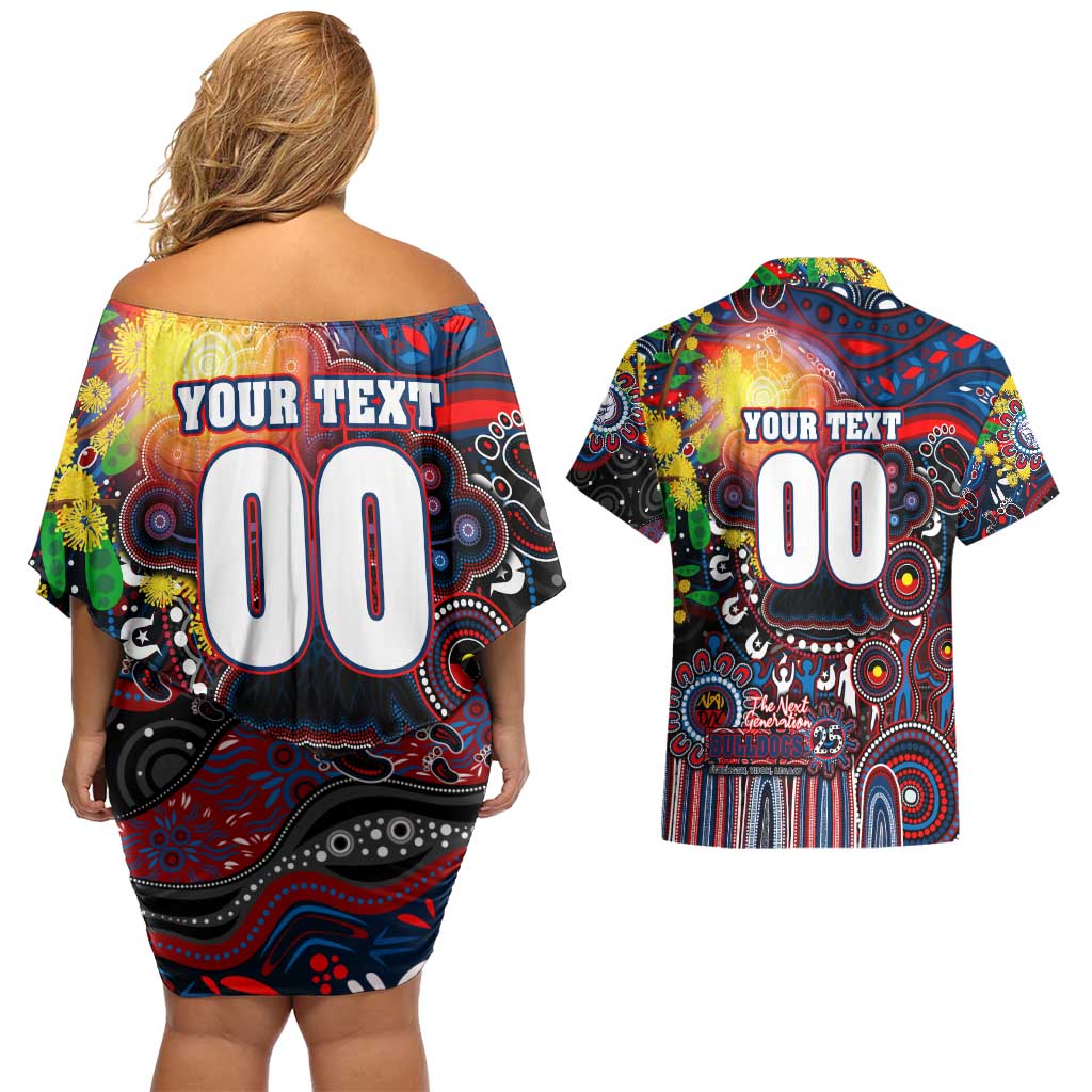 Personalised NAIDOC Week 2025 Bulldogs Football Couples Matching Off Shoulder Short Dress and Hawaiian Shirt Aboriginal Dot Painting
