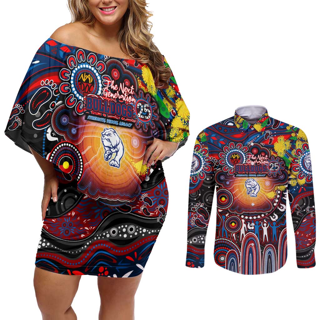 Personalised NAIDOC Week 2025 Bulldogs Football Couples Matching Off Shoulder Short Dress and Long Sleeve Button Shirt Aboriginal Dot Painting
