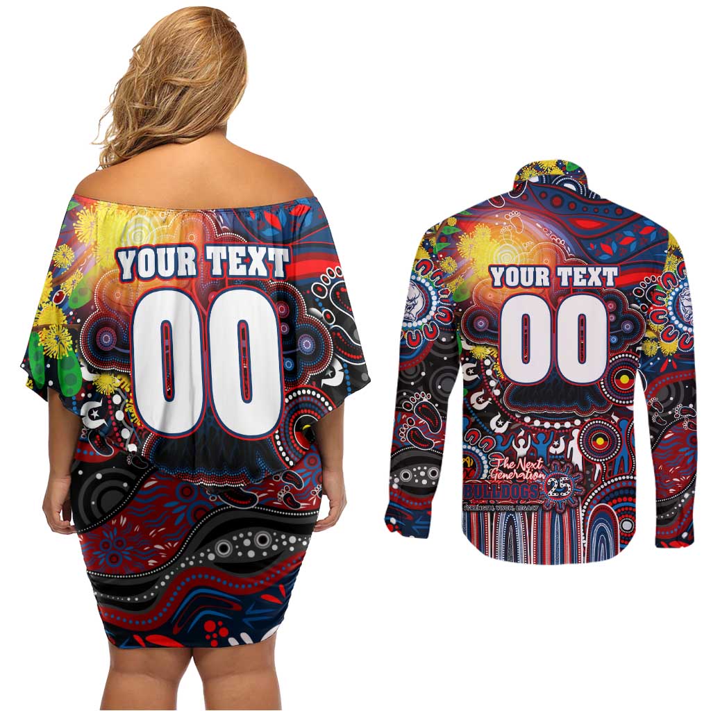 Personalised NAIDOC Week 2025 Bulldogs Football Couples Matching Off Shoulder Short Dress and Long Sleeve Button Shirt Aboriginal Dot Painting