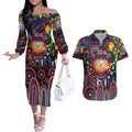 Personalised NAIDOC Week 2025 Bulldogs Football Couples Matching Off The Shoulder Long Sleeve Dress and Hawaiian Shirt Aboriginal Dot Painting