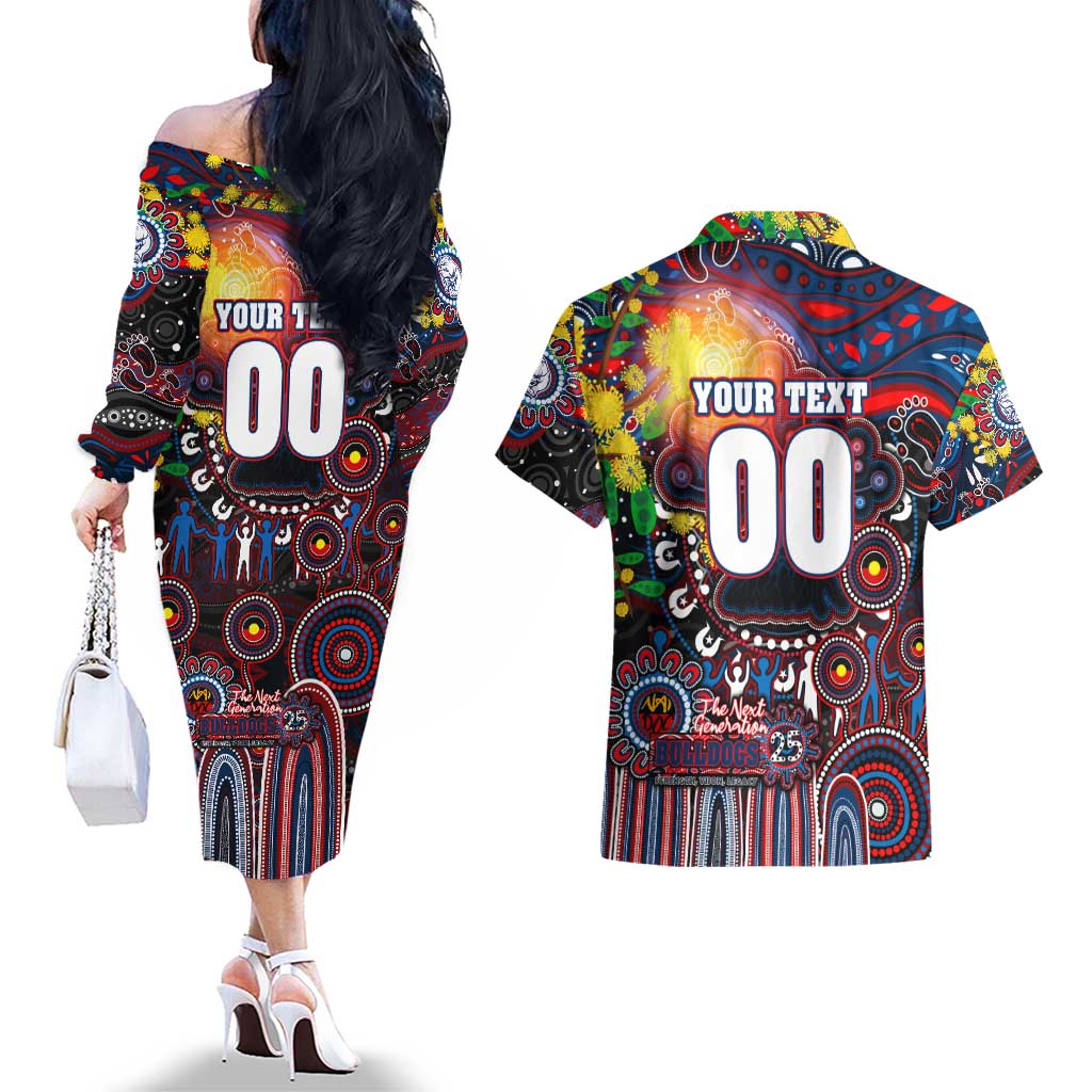 Personalised NAIDOC Week 2025 Bulldogs Football Couples Matching Off The Shoulder Long Sleeve Dress and Hawaiian Shirt Aboriginal Dot Painting