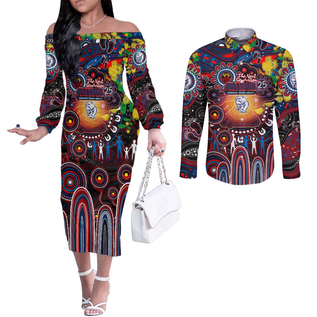 Personalised NAIDOC Week 2025 Bulldogs Football Couples Matching Off The Shoulder Long Sleeve Dress and Long Sleeve Button Shirt Aboriginal Dot Painting