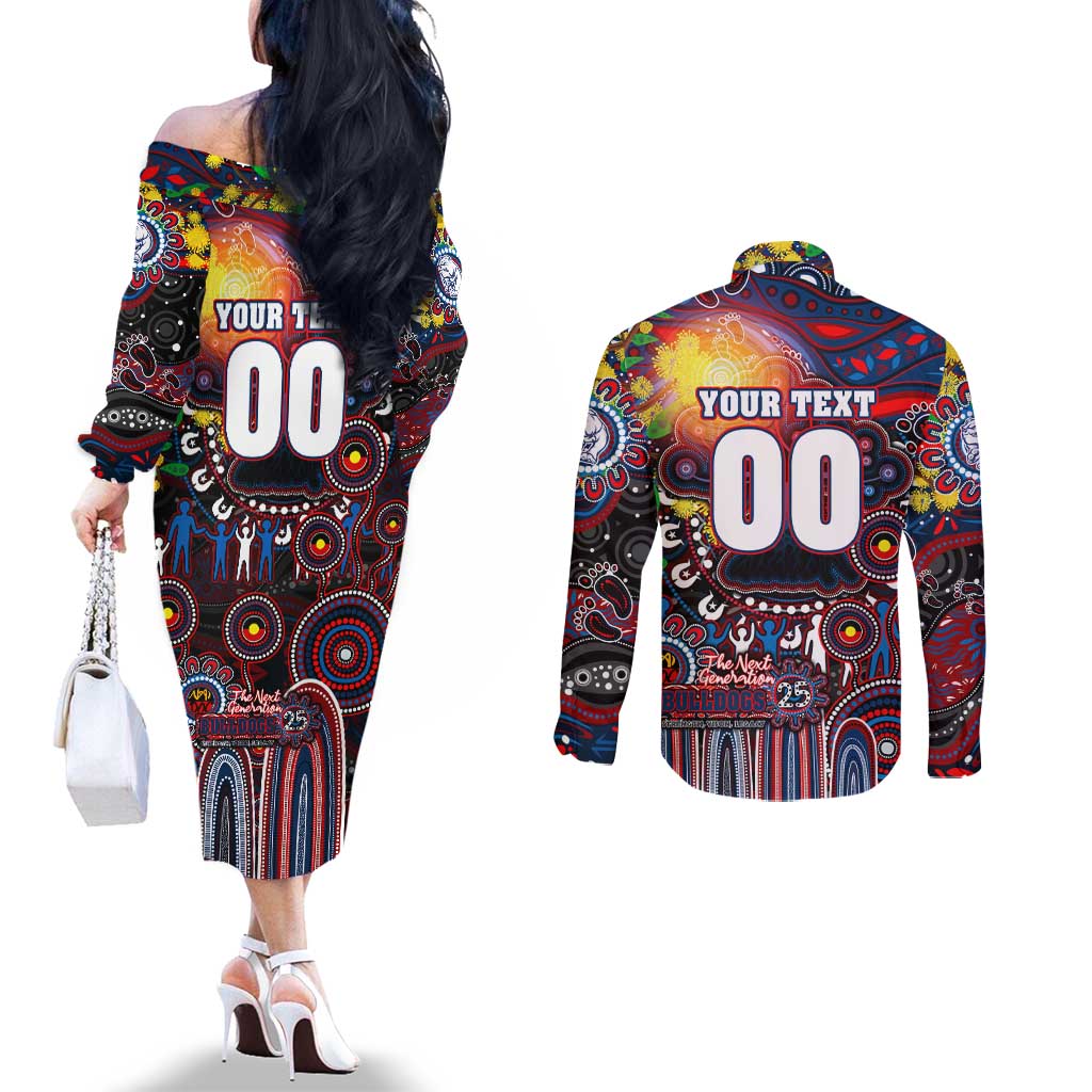Personalised NAIDOC Week 2025 Bulldogs Football Couples Matching Off The Shoulder Long Sleeve Dress and Long Sleeve Button Shirt Aboriginal Dot Painting