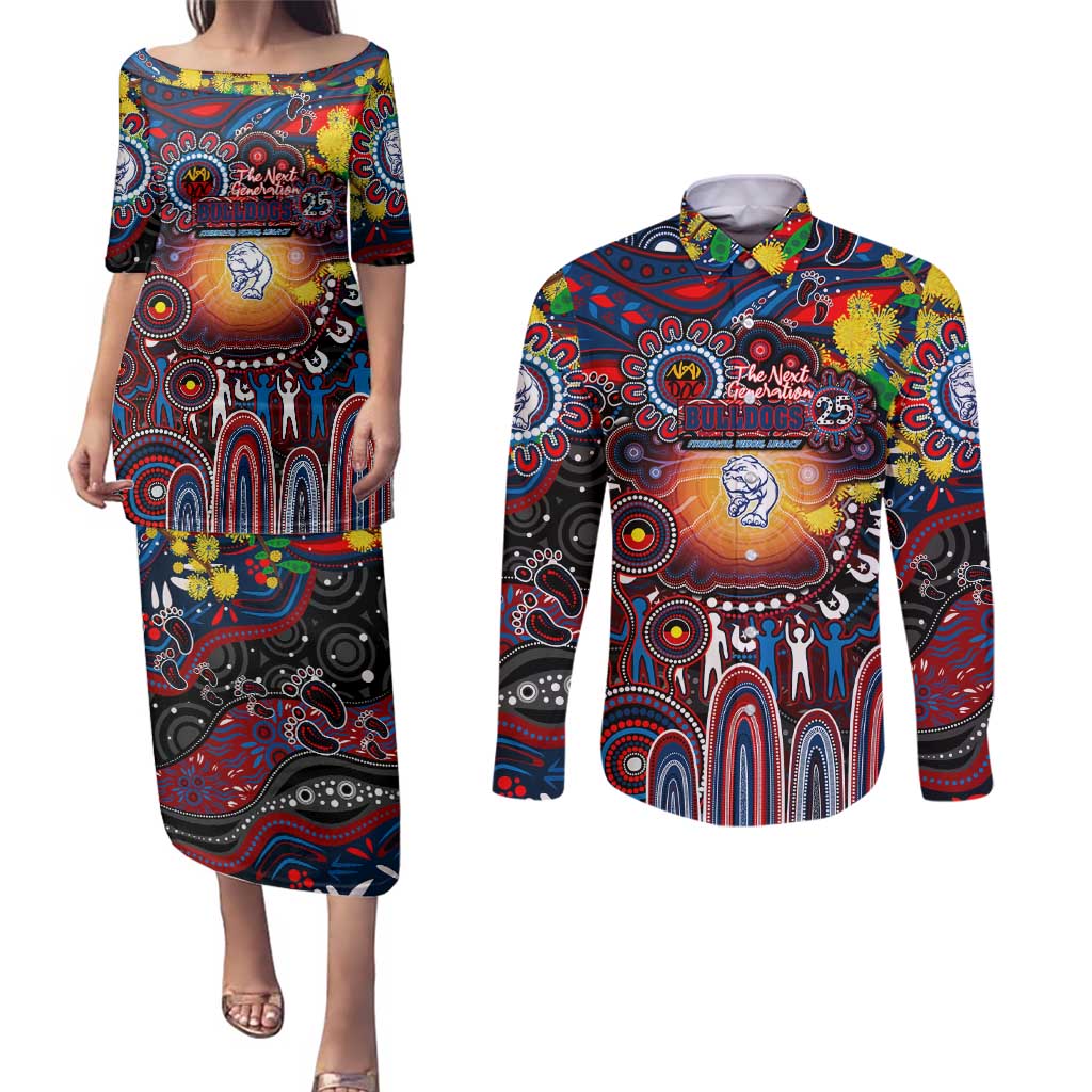 Personalised NAIDOC Week 2025 Bulldogs Football Couples Matching Puletasi and Long Sleeve Button Shirt Aboriginal Dot Painting