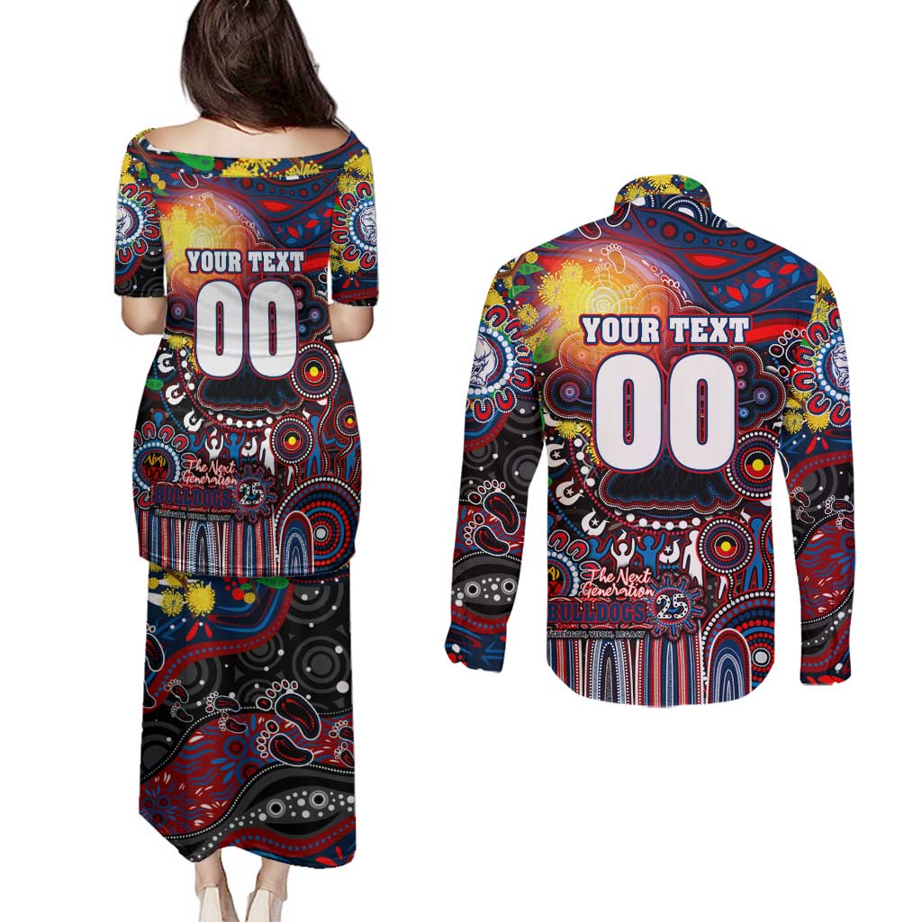 Personalised NAIDOC Week 2025 Bulldogs Football Couples Matching Puletasi and Long Sleeve Button Shirt Aboriginal Dot Painting