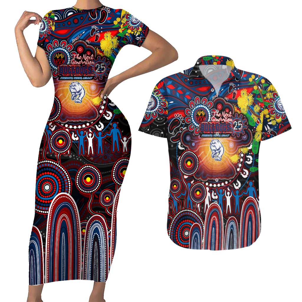 Personalised NAIDOC Week 2025 Bulldogs Football Couples Matching Short Sleeve Bodycon Dress and Hawaiian Shirt Aboriginal Dot Painting