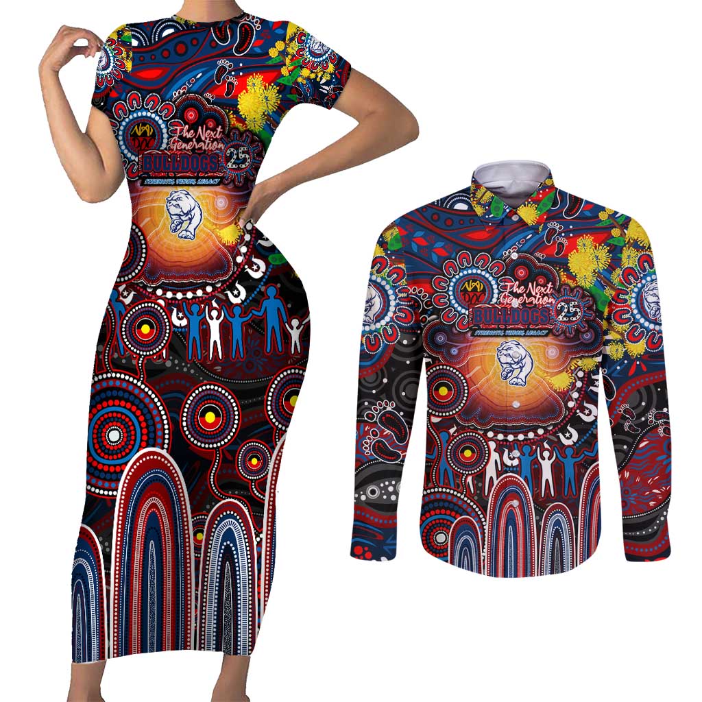 Personalised NAIDOC Week 2025 Bulldogs Football Couples Matching Short Sleeve Bodycon Dress and Long Sleeve Button Shirt Aboriginal Dot Painting