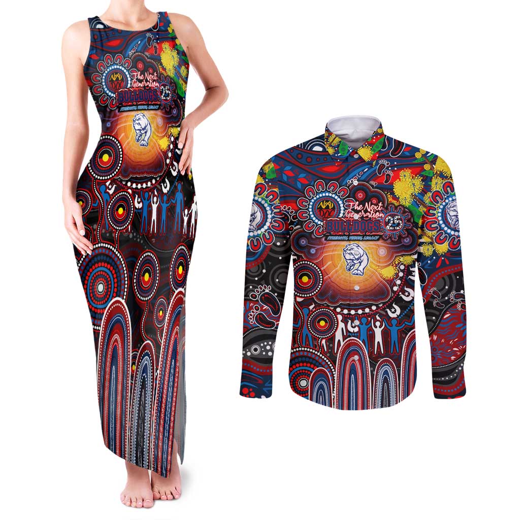 Personalised NAIDOC Week 2025 Bulldogs Football Couples Matching Tank Maxi Dress and Long Sleeve Button Shirt Aboriginal Dot Painting