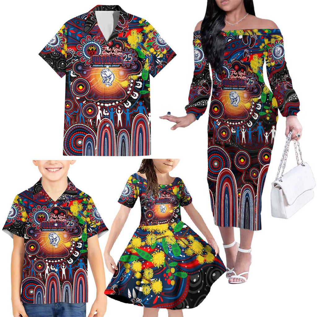 Personalised NAIDOC Week 2025 Bulldogs Football Family Matching Off The Shoulder Long Sleeve Dress and Hawaiian Shirt Aboriginal Dot Painting