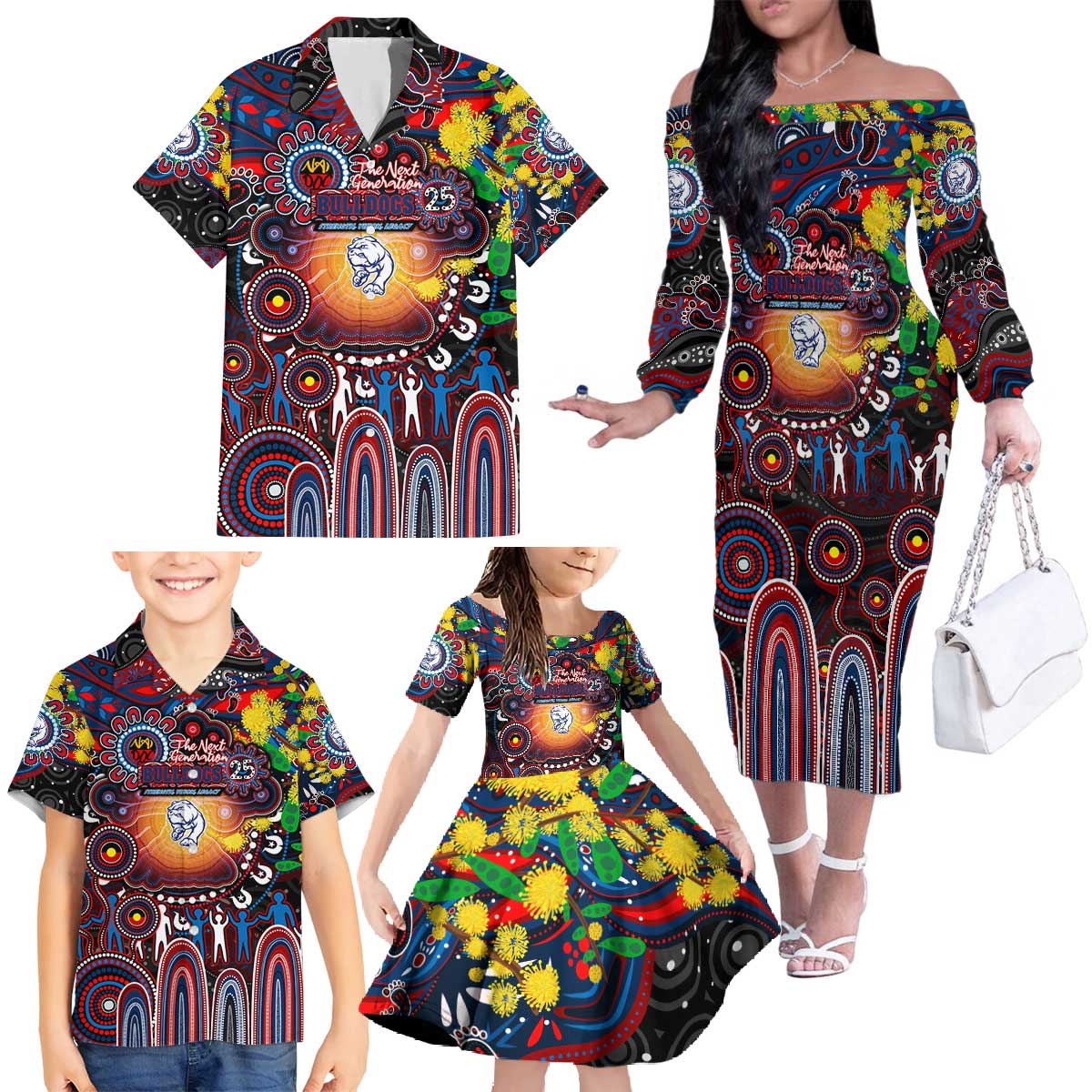 Personalised NAIDOC Week 2025 Bulldogs Football Family Matching Off The Shoulder Long Sleeve Dress and Hawaiian Shirt Aboriginal Dot Painting