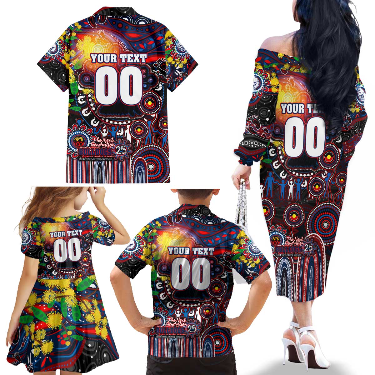 Personalised NAIDOC Week 2025 Bulldogs Football Family Matching Off The Shoulder Long Sleeve Dress and Hawaiian Shirt Aboriginal Dot Painting