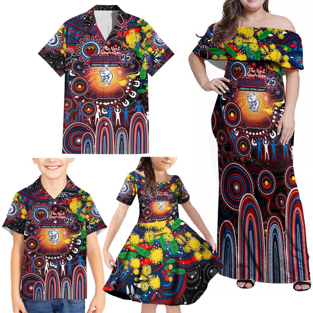 Personalised NAIDOC Week 2025 Bulldogs Football Family Matching Off Shoulder Maxi Dress and Hawaiian Shirt Aboriginal Dot Painting