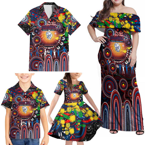 Personalised NAIDOC Week 2025 Bulldogs Football Family Matching Off Shoulder Maxi Dress and Hawaiian Shirt Aboriginal Dot Painting