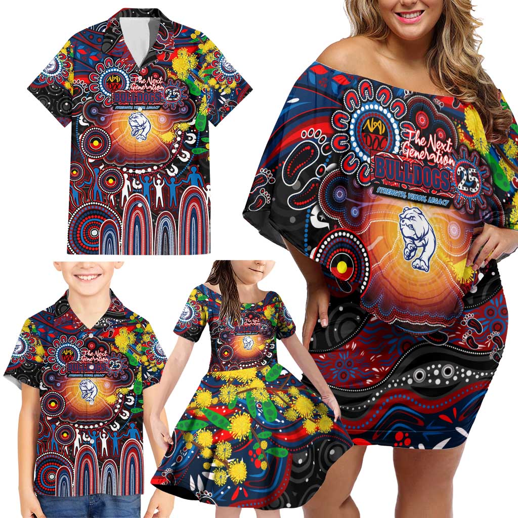 Personalised NAIDOC Week 2025 Bulldogs Football Family Matching Off Shoulder Short Dress and Hawaiian Shirt Aboriginal Dot Painting