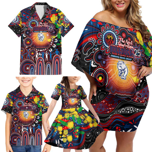 Personalised NAIDOC Week 2025 Bulldogs Football Family Matching Off Shoulder Short Dress and Hawaiian Shirt Aboriginal Dot Painting