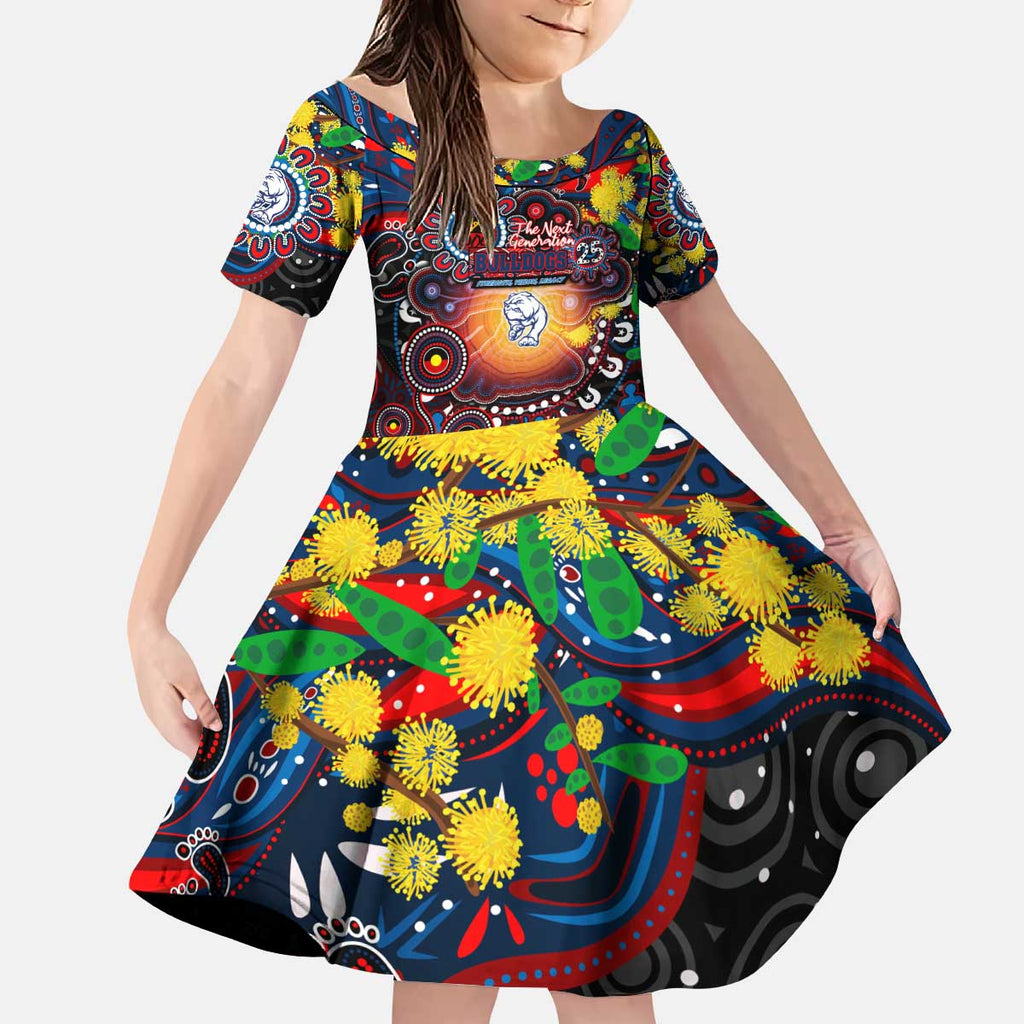 Personalised NAIDOC Week 2025 Bulldogs Football Kid Short Sleeve Dress Aboriginal Dot Painting