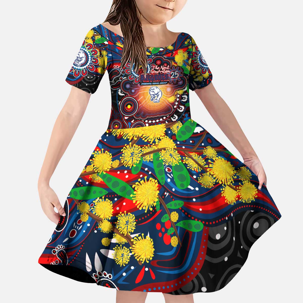 Personalised NAIDOC Week 2025 Bulldogs Football Kid Short Sleeve Dress Aboriginal Dot Painting